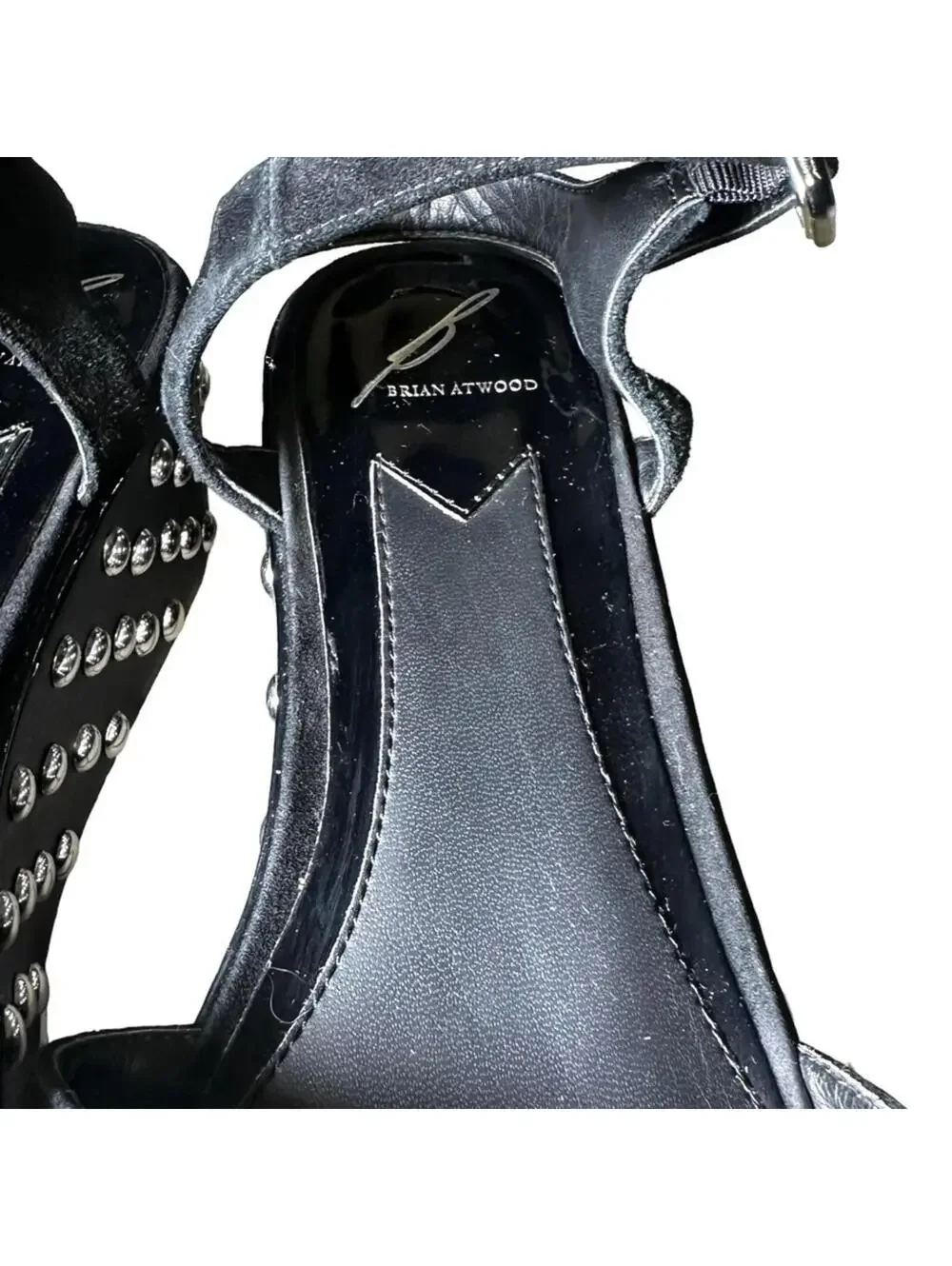 B Brian Atwood Black Suede Franki Studded Platform Wedge Sandals Size 8.5